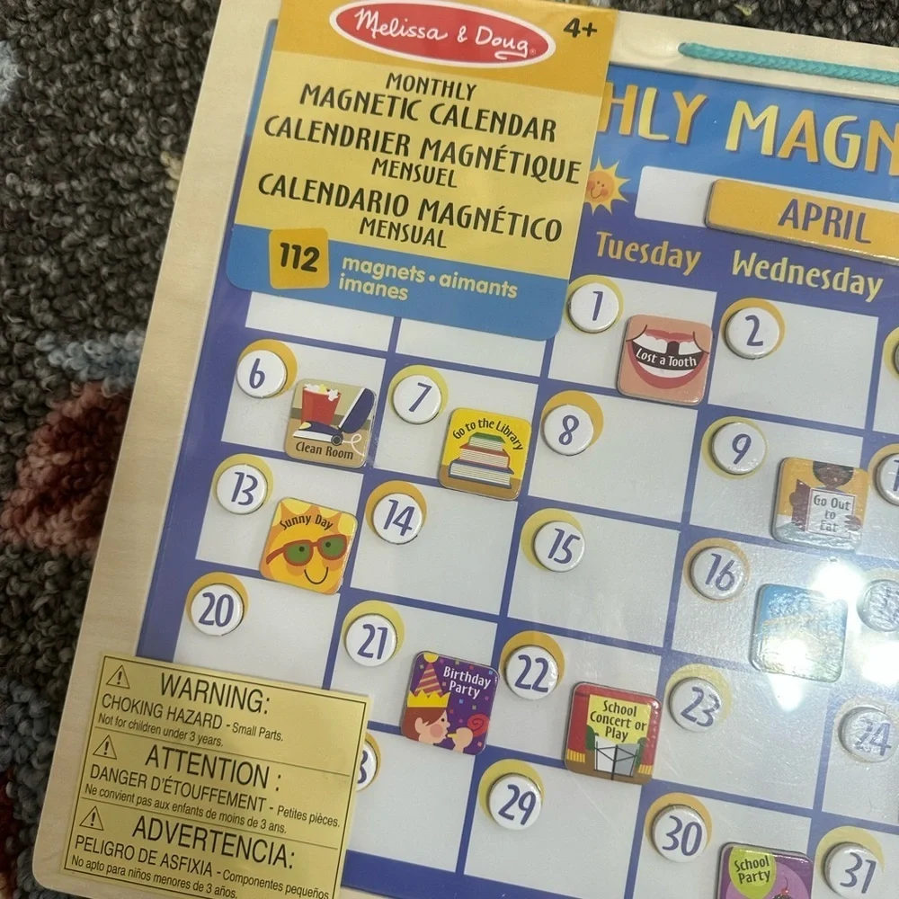 New Melissa & Doug LARGE Colorful Magnetic Calendar Wood Wall Hang 112 Magnets